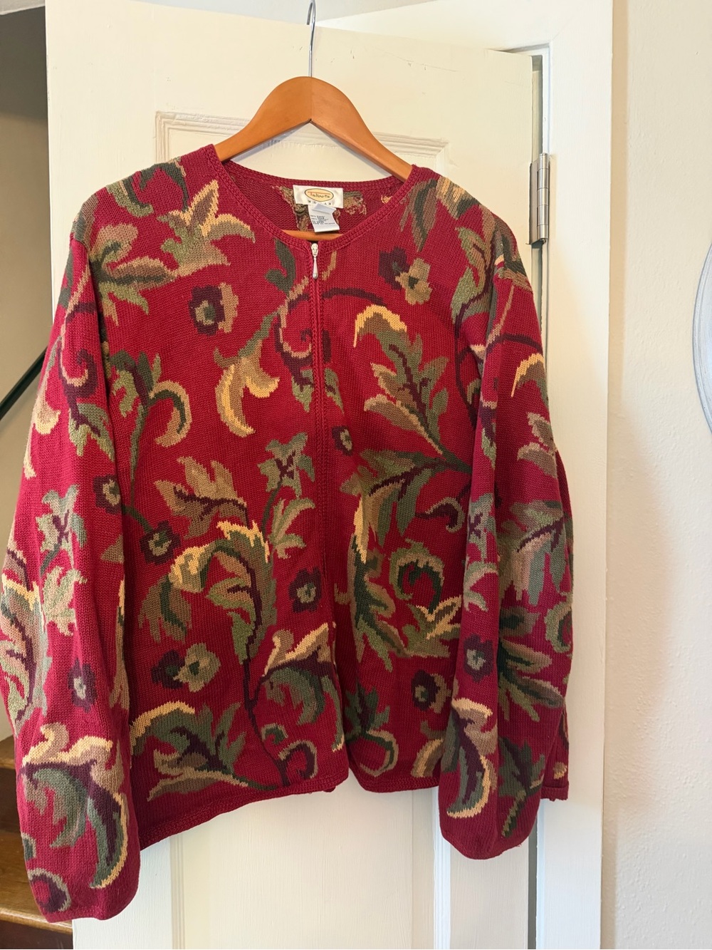 Talbots Red Floral Zip-Front Sweater Cardigan